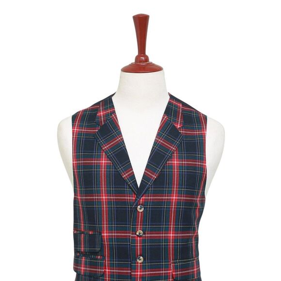 Mens Vest 44R Tartan Plaid Wool Black Red Green Lapel Waistcoat Formal Wedding - Picture 4 of 9